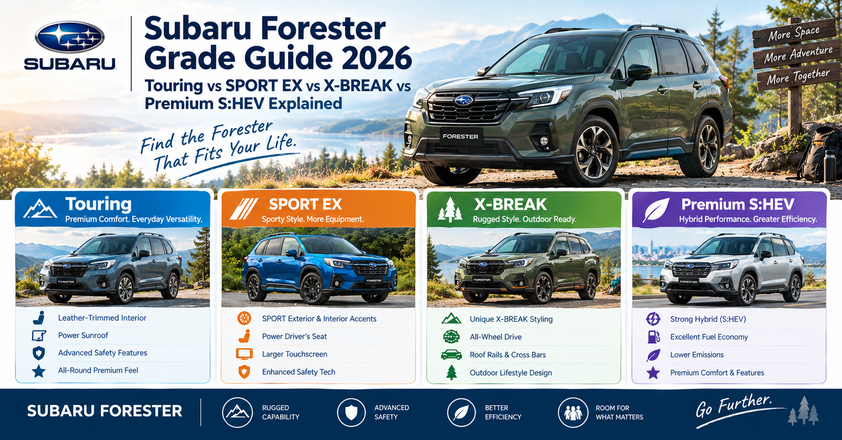 Subaru Forester Grade Guide 2026: Touring vs SPORT EX vs X-BREAK vs Premium S:HEV Explained